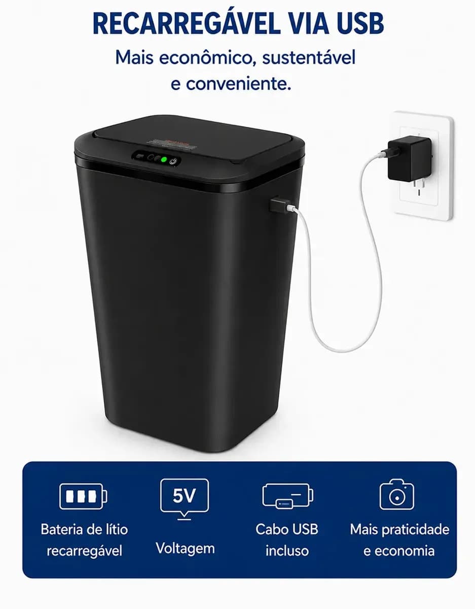 Lixeira Quadrada Preta 16L Inteligente Automática com Sensor para Banheiro e Cozinha — imagem 3