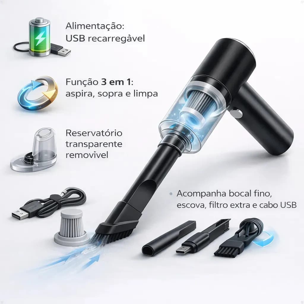 Aspirador Portátil 3 Em 1 Com Soprador e Filtro HEPA Para Carro e Teclado USB — imagem 4