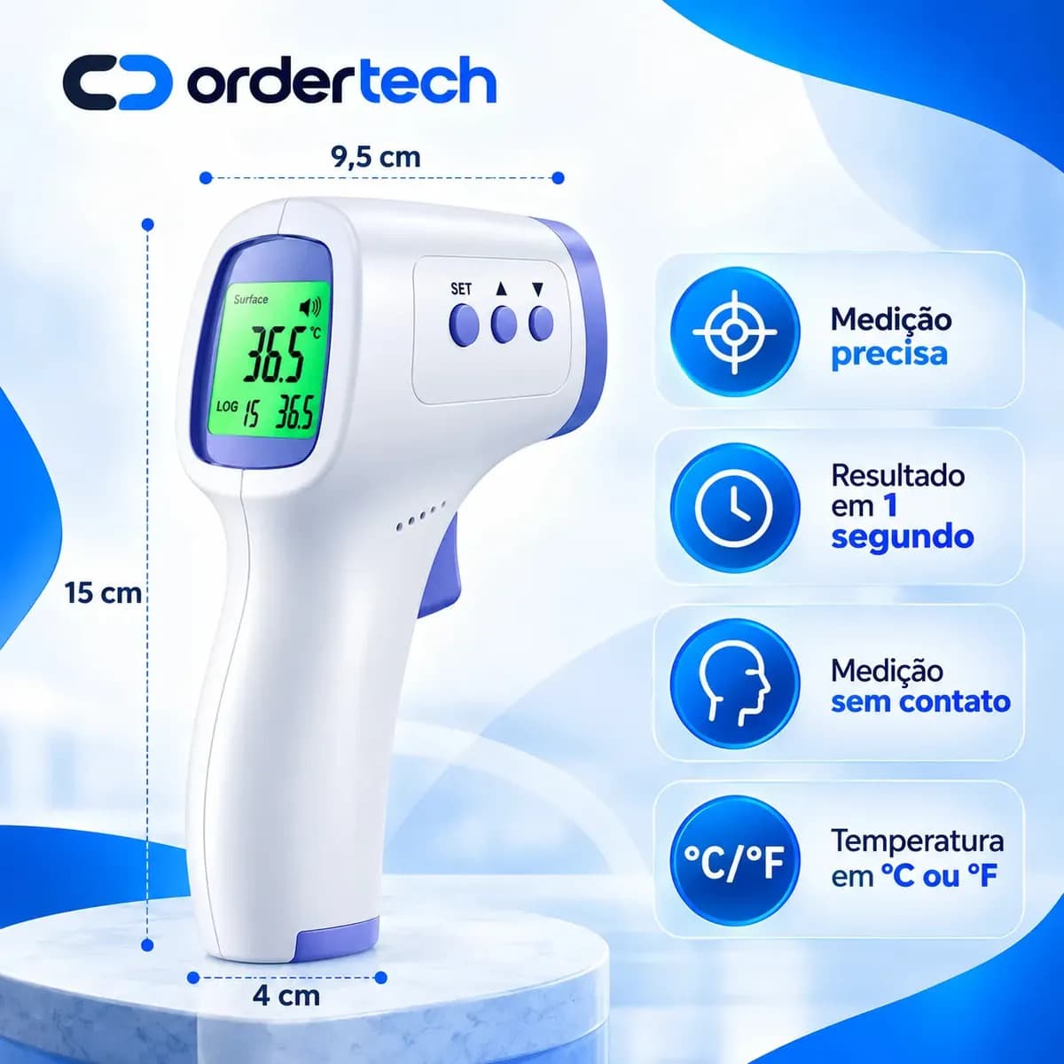 Termômetro Infravermelho Sem Contato Digital Medição Rápida Alta Precisão Display Lcd Memória Alarme Sensor Ordertech — imagem 3