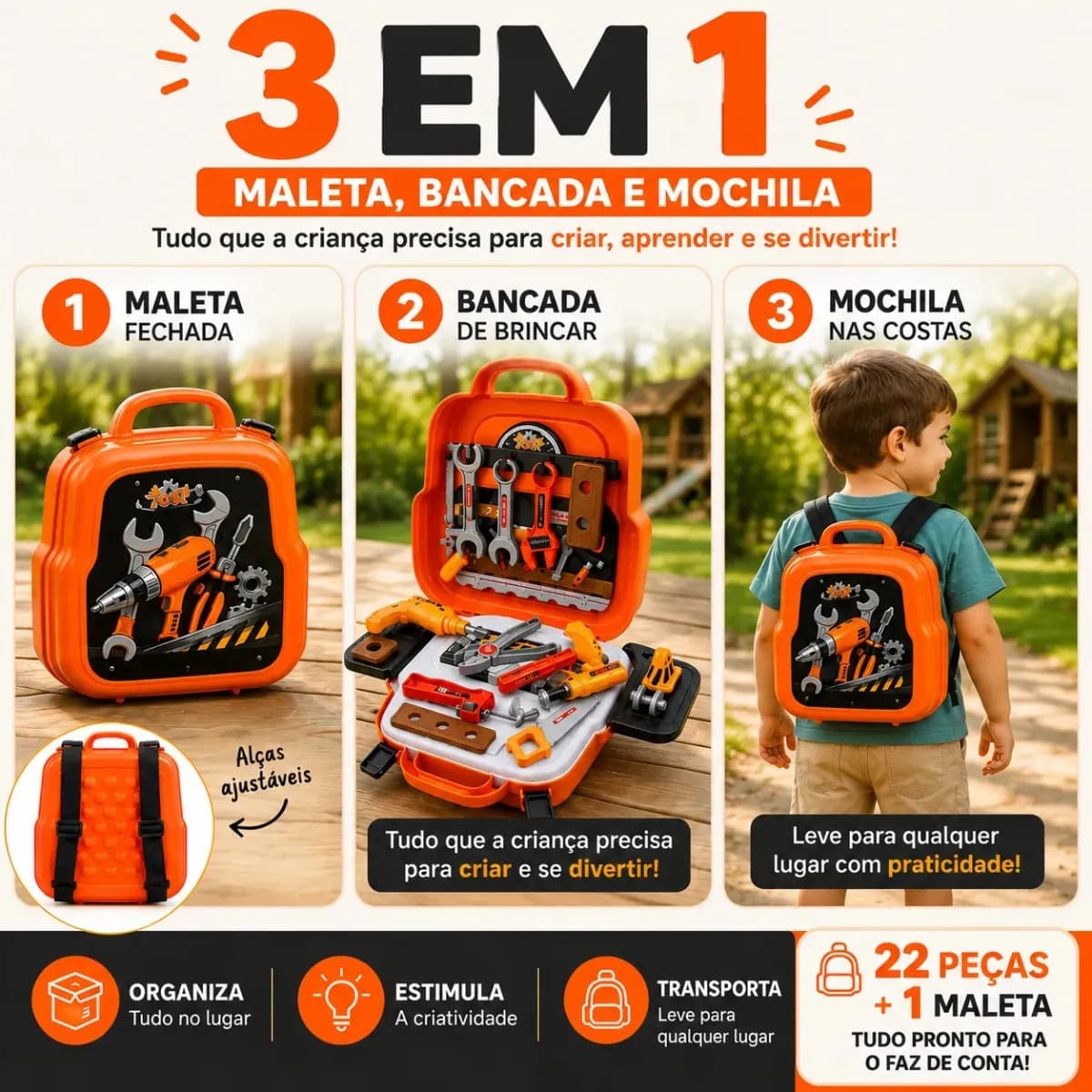Kit Ferramentas Infantil 3 em 1 Pratitudo Toys com 22 Peças – Vira Mochila e Bancada — imagem 5