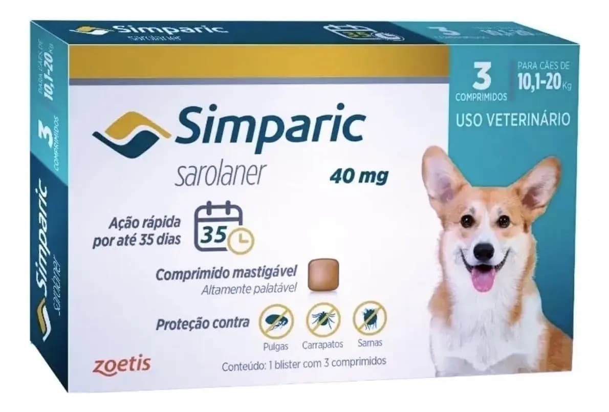 Simparic 40mg Cães 10,1-20kg Pulgas Carrapatos 3 Comprimidos Zoetis