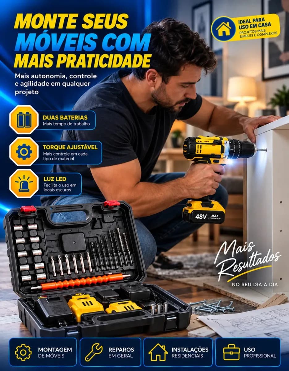 Parafusadeira Furadeira C/ 2 Baterias Maleta Kit Completo Led Eixo Flexível Vários Níveis Torque Simake — imagem 6