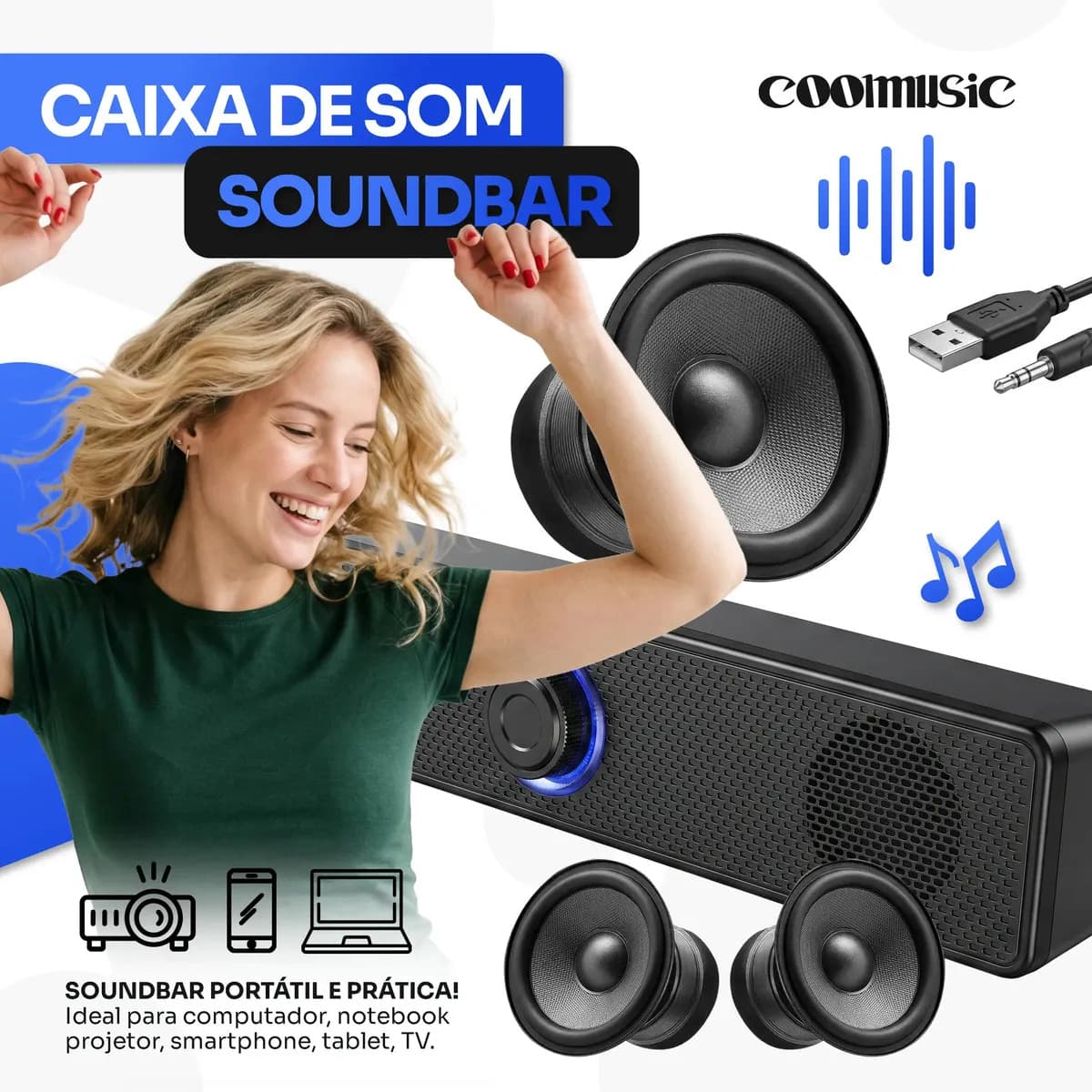 Caixa De Som Gamer Soundbar Para Computador Pc Notebook TV Amplificador Alto Falante Usb Led RGB Cor Preto — imagem 5