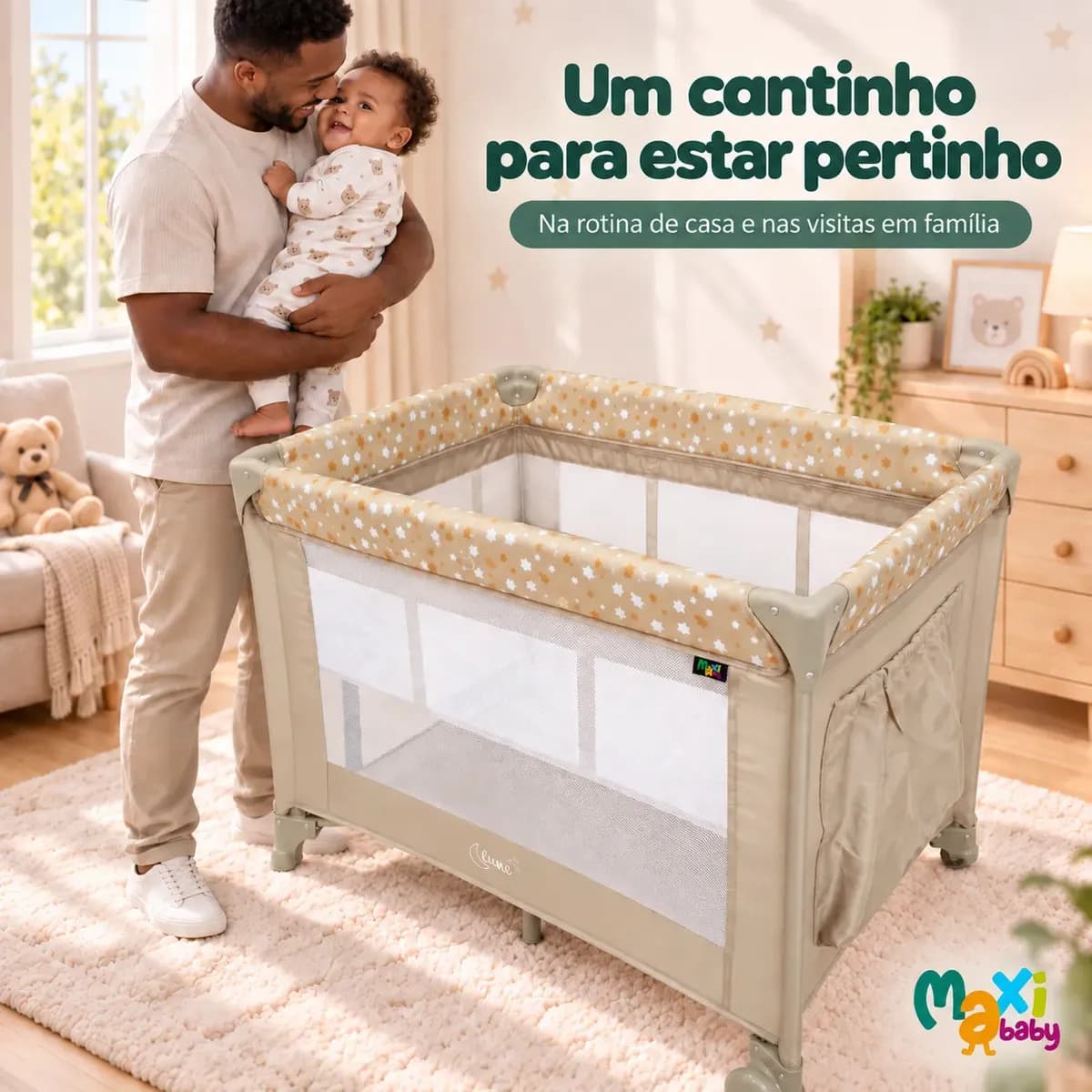 Berço Portátil Infantil Cercado Desmontável Lune Maxi Baby - BEGE — imagem 2
