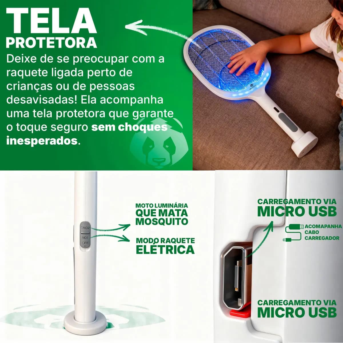 Raquete Elétrica Several Importados Recarregável Mata Pernilongos Mosquitos E Atrai Com Iluminação UV — imagem 3
