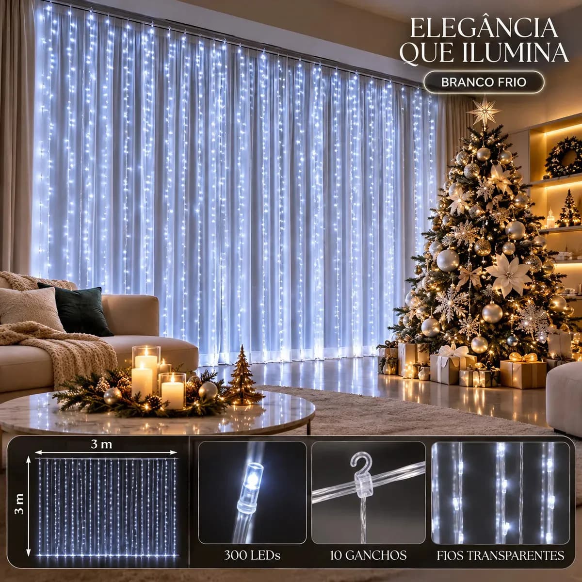 Pisca Cortina 300 Leds 3x3m Usb Ip44 8 Modos Iluminação Luzes Fada Decoração De Natal Festa Branco Frio Luvinco — imagem 2