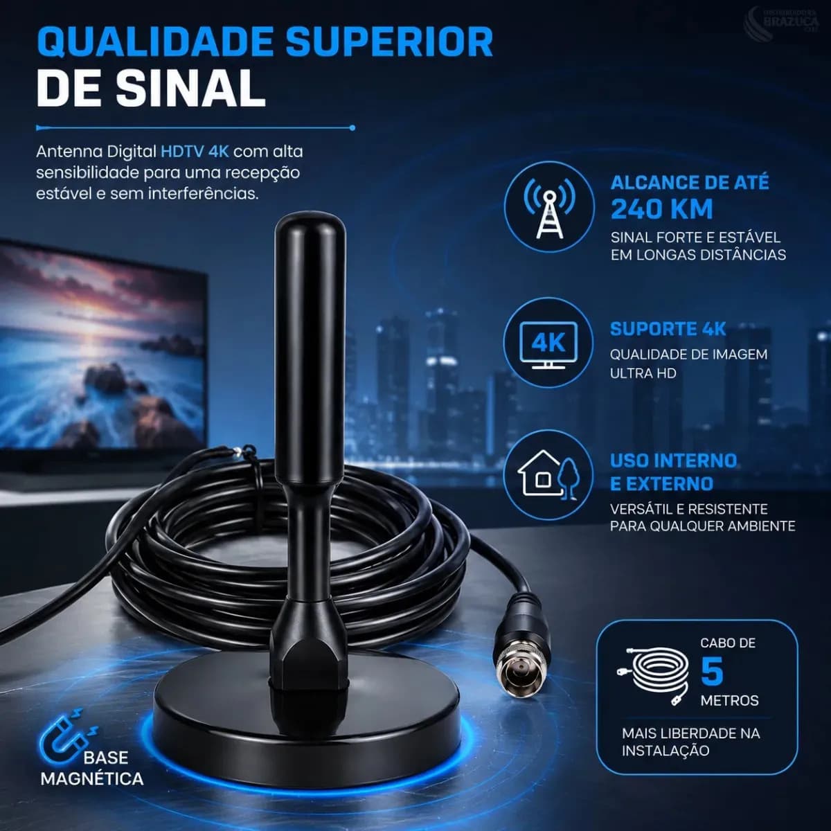 Antena Digital Interna Externa HDTV UHF Com Cabo Longo De 5 Metros Até 240km Com Base Magnetica Distancia Brazuca Cell — imagem 3