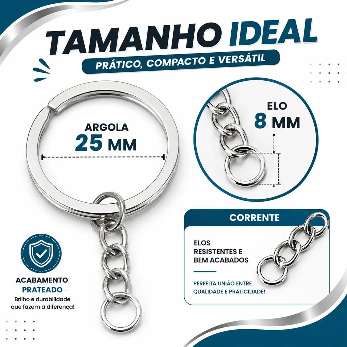 Kit 100 Argolas Italianas Para Chaveiro 25mm Com Corrente E Elo 8mm Prata Addiesdive — imagem 5