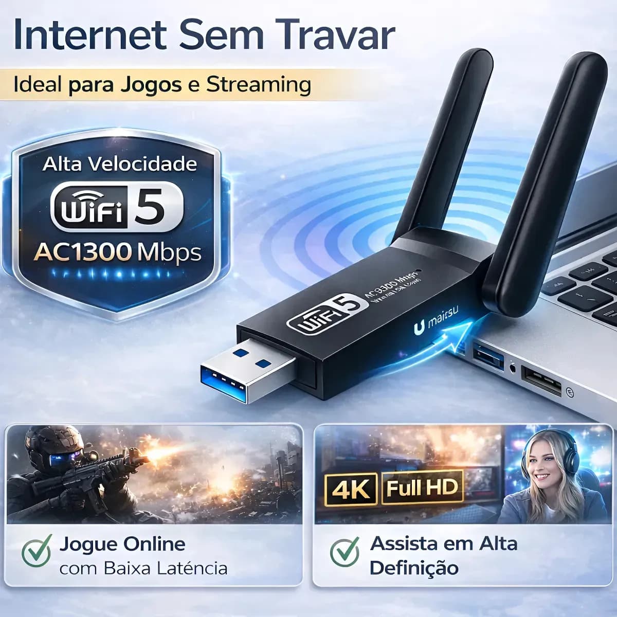 Adaptador Wifi Usb 3.0 Placa De Rede Para Computador Pc Notebook Dual Band 1300Mbps Gigabit 2 Antenas - Gurumania — imagem 5