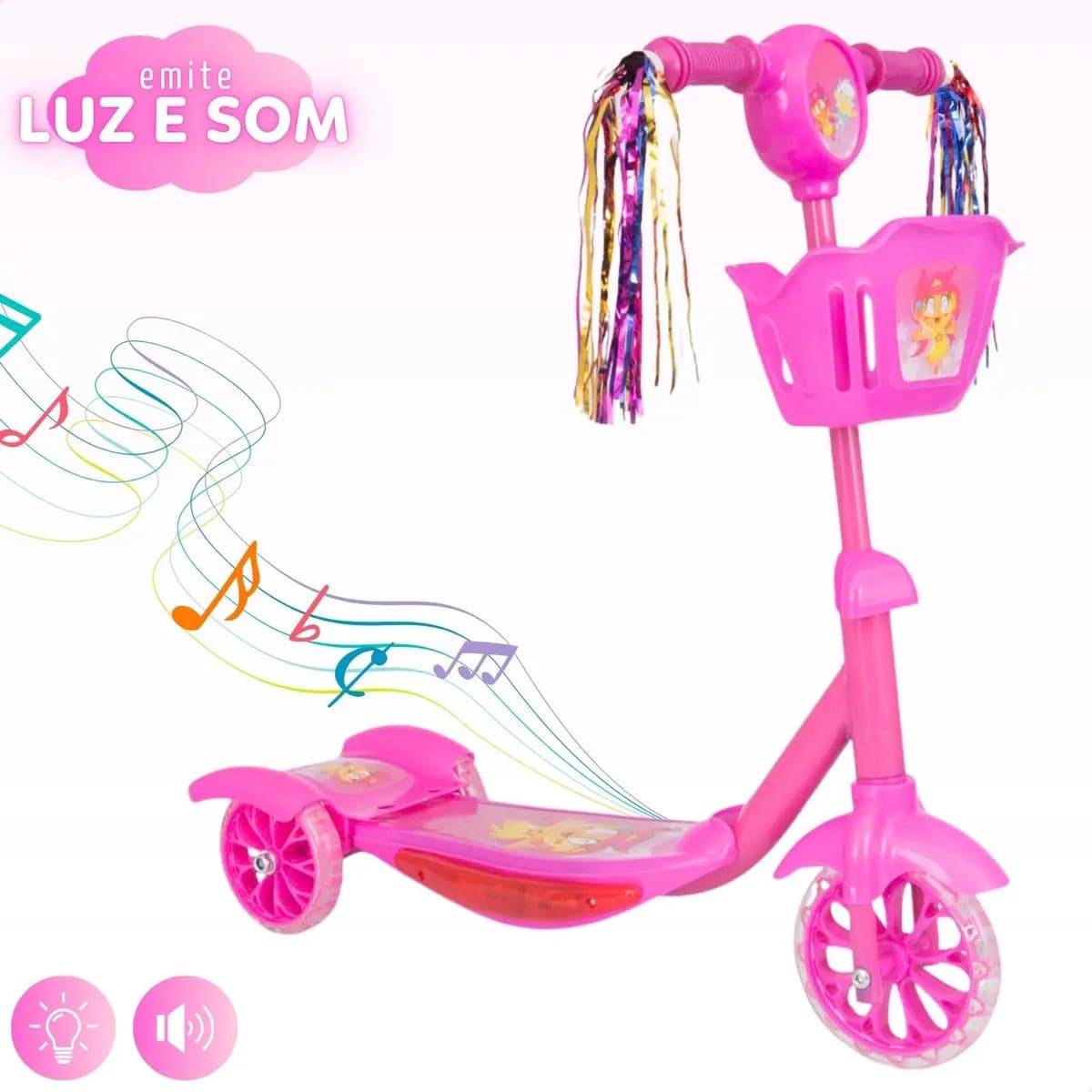 Patinete Infantil 3 Rodas Com Led Som E Cesta Menino Menina Cor Rosa — imagem 3