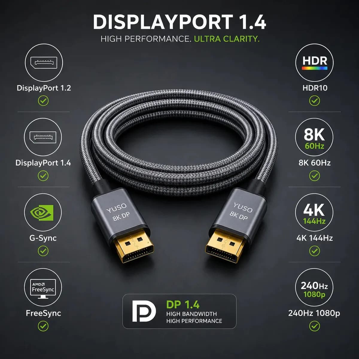 Cabo Displayport 1.4 8k 4k Reforçado 2 Metros Hdr 60hz 240hz Compatível G-sync Freesync Conector Ouro Monitor Gamer Áudio Imersivo Hdr Imersivo - Yuso — imagem 2