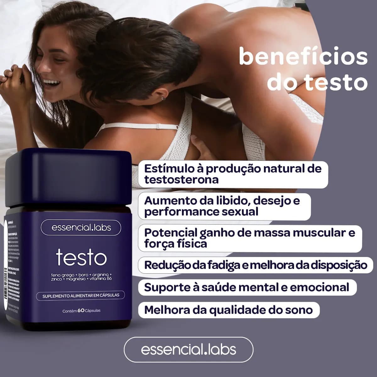 TESTO ESSENCIAL - Fórmula Avançada com Feno Grego, Boro, Arginina, Zinco, Magnésio e Vitamina B6 - 60 Cápsulas — imagem 3