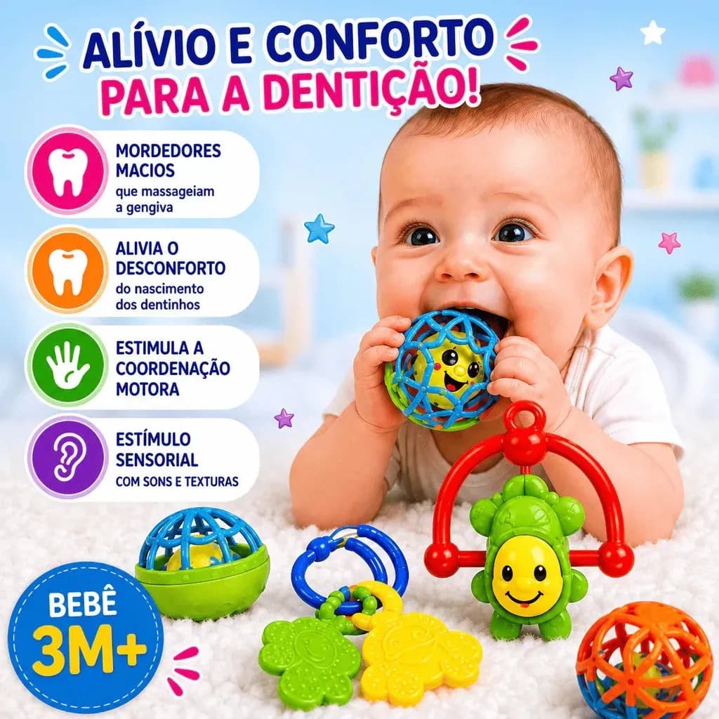 Kit Mordedor para Bebê brinquedo Sensorial Silicone com Chocalho 8 Peças Coloridas — imagem 3