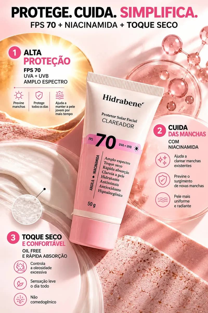 Hidrabene Protetor facial Solar FPS 70 Toque Seco Antissinais Clareia a pele 50g — imagem 6