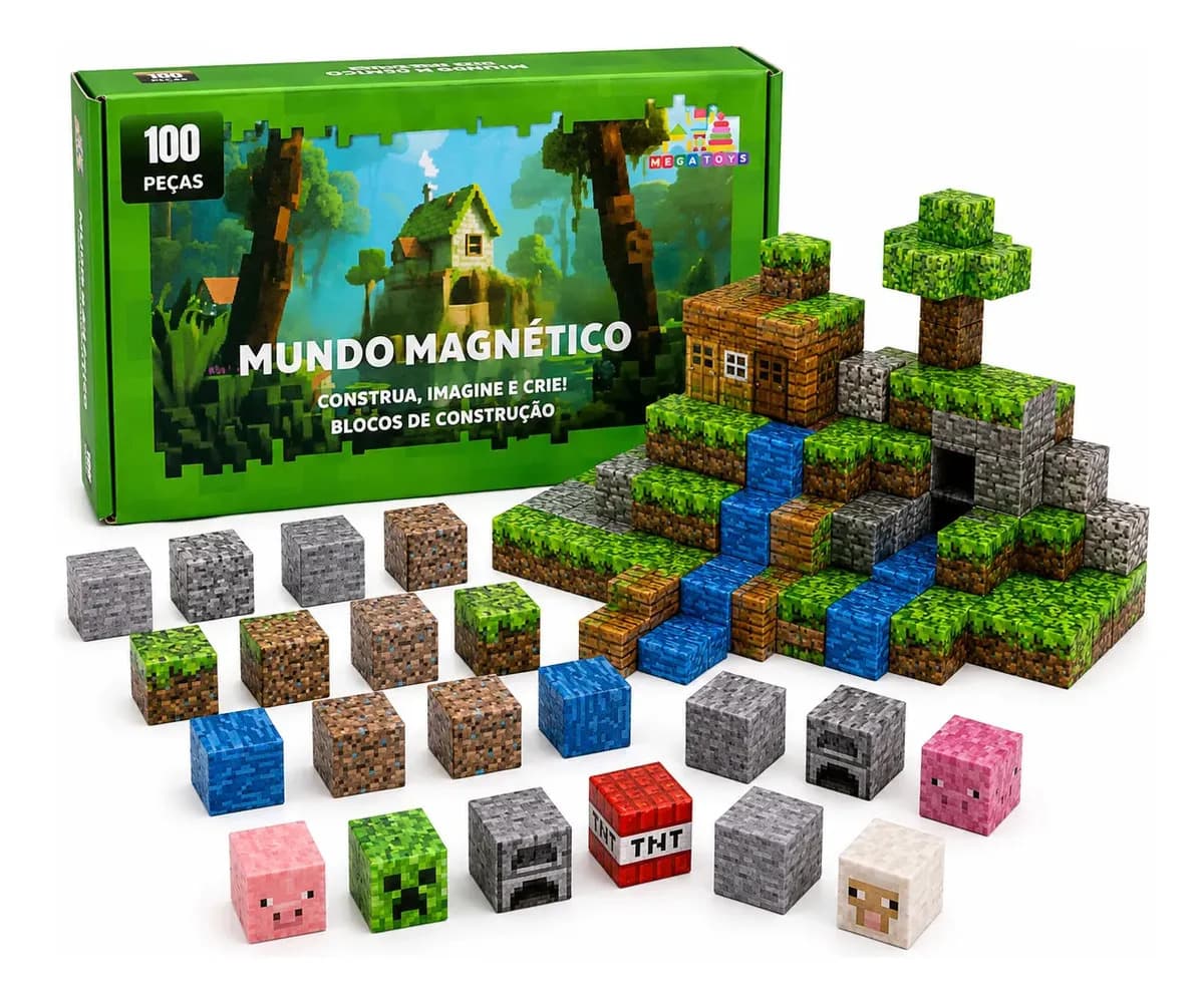 Blocos de Montar Magnético 100 Peças Criativo Mundo De Cubo Construção 3d Infantil Educativo Com Personagens Brinquedo Nanotoyzzz