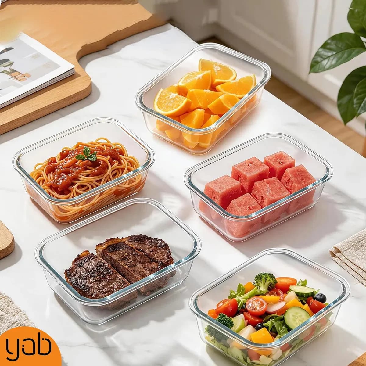 Yab - Kit 5 Potes De Vidro Marmita C/ Tampa Hermético 640ml Retangular 4 Travas Borossilicato Alimentos Micro-ondas Freezer Geladeira — imagem 6