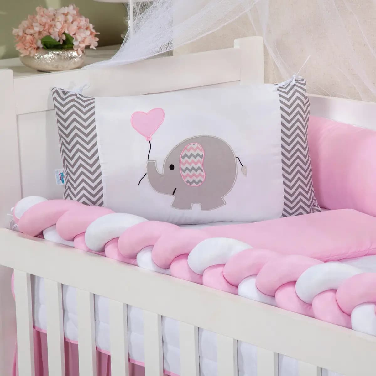 Kit Berço Menina Menino Protetor Trança Com Saia 6 Peças Cor Elefantinho Rosa — imagem 2