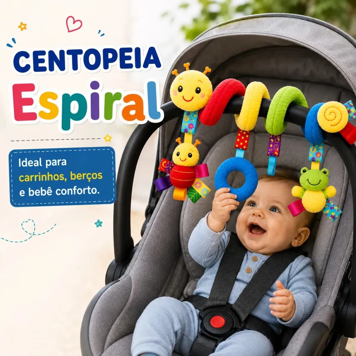 Centopéia Espiral Bichinho Pelúcia Brinquedo Carrinho Berço Bebê Conforto com Chocalho de Pendurar Sensorial