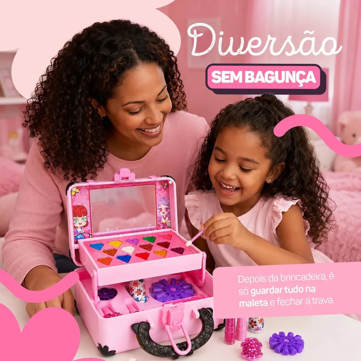 Kit Maquiagem Infantil Meninas Brinquedo Boneca Criança Maleta Antialergica Lavavel Mochila Espelho Rosa Hipoalergenica Presente Seguro Estojo Salao De Beleza T — imagem 4