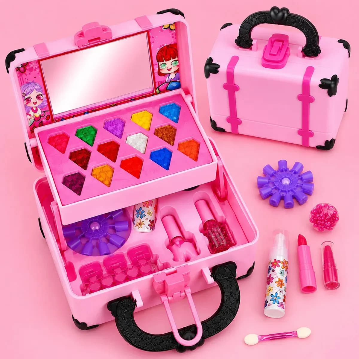 Kit Maquiagem Infantil Meninas Brinquedo Boneca Criança Maleta Antialergica Lavavel Mochila Espelho Rosa Hipoalergenica Presente Seguro Estojo Salao De Beleza T