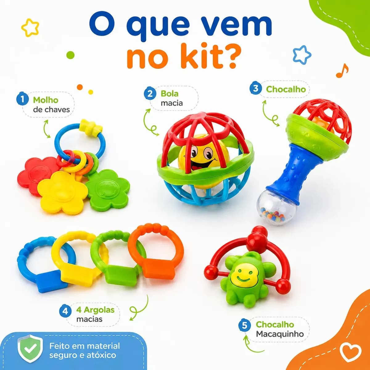 Kit Chocalho Bebe E Mordedores 8 Peças Estímulo Sensorial Brinquedo Educativo — imagem 2