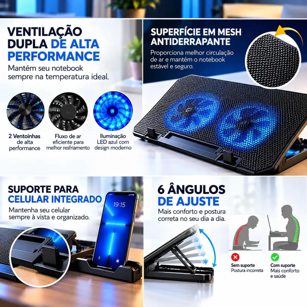 Base Suporte Para Pc Notebook Alumínio Portátil Articulado Dobrável Tablet Laptop Mesa Davely Cor Preto Com Ventoinhas E Suporte Para Celular Refrigerada 2 Cool — imagem 5