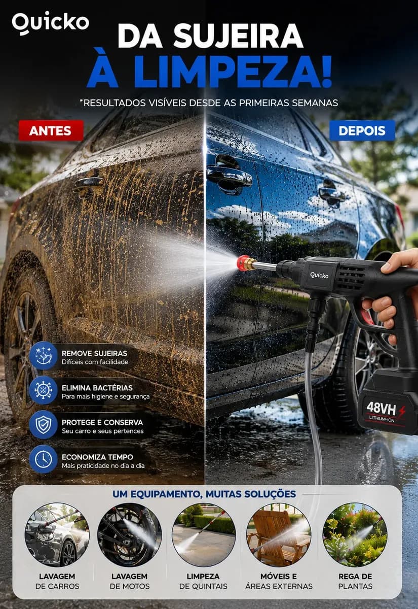 Lavadora De Alta Pressão Vap Portátil Sem Fio Bateria Lava Jato Elétrica Recarregável P/ Lavar Carro Moto Quintal C/ 2 Baterias Quicko Bico Mangueira Dispenser  — imagem 5