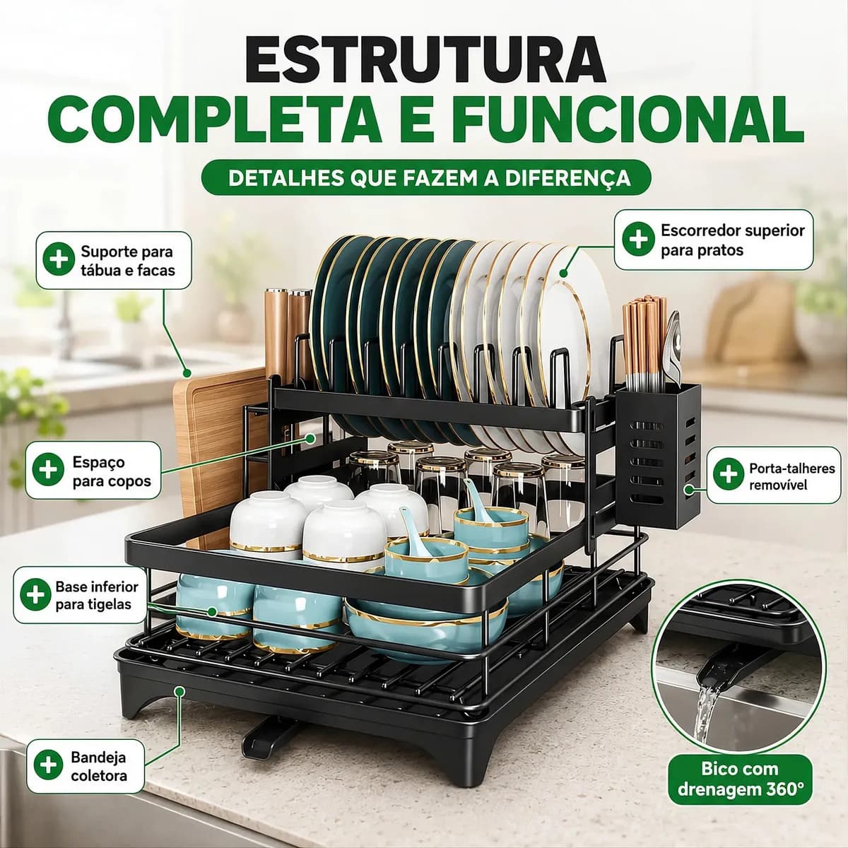Escorredor De Louça Inoxidável 2 Andares Drenagem Automática Bandeja Grande 360o Organizador Pia Com Porta Talheres Tigelas Pratos — imagem 5
