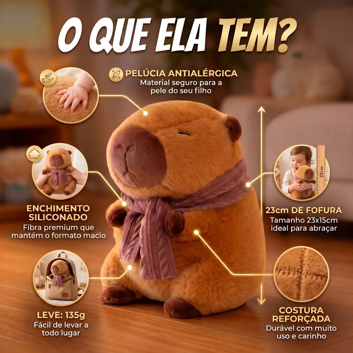 Pelúcia Capivara Cachecol Inverno Marrom Boneco Capybara Capibara Filó Bicho De Pelúcia Ursinho Brinquedo Animal Decoração Enfeite Quarto Dormitório Infantil Co — imagem 2