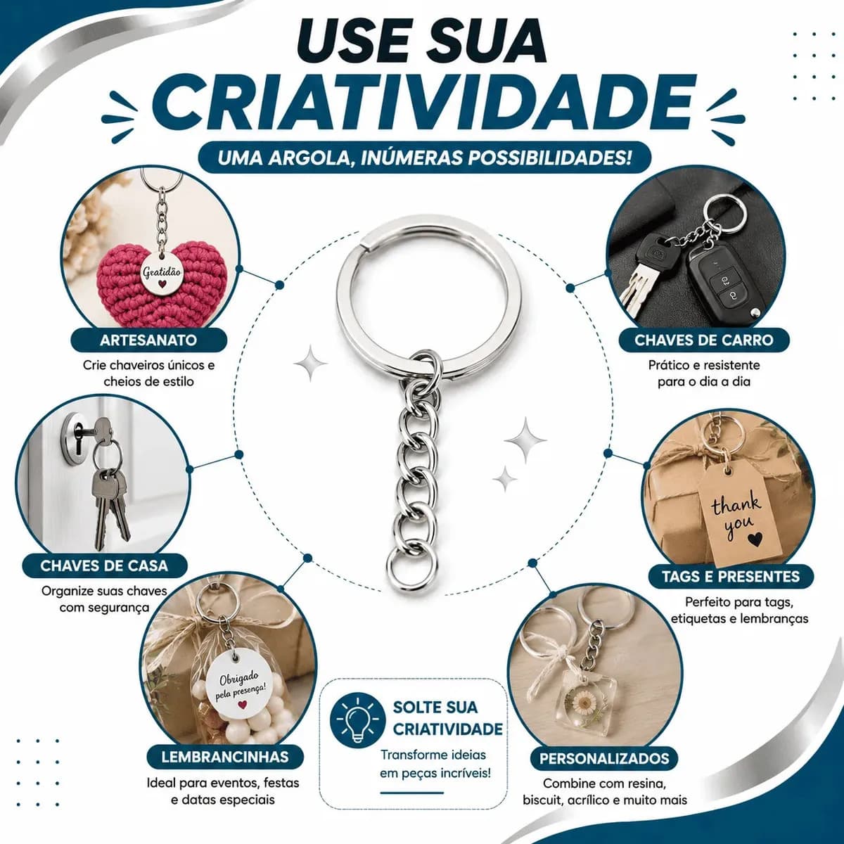 Kit 100 Argolas Italianas Para Chaveiro 25mm Com Corrente E Elo 8mm Prata Addiesdive — imagem 4