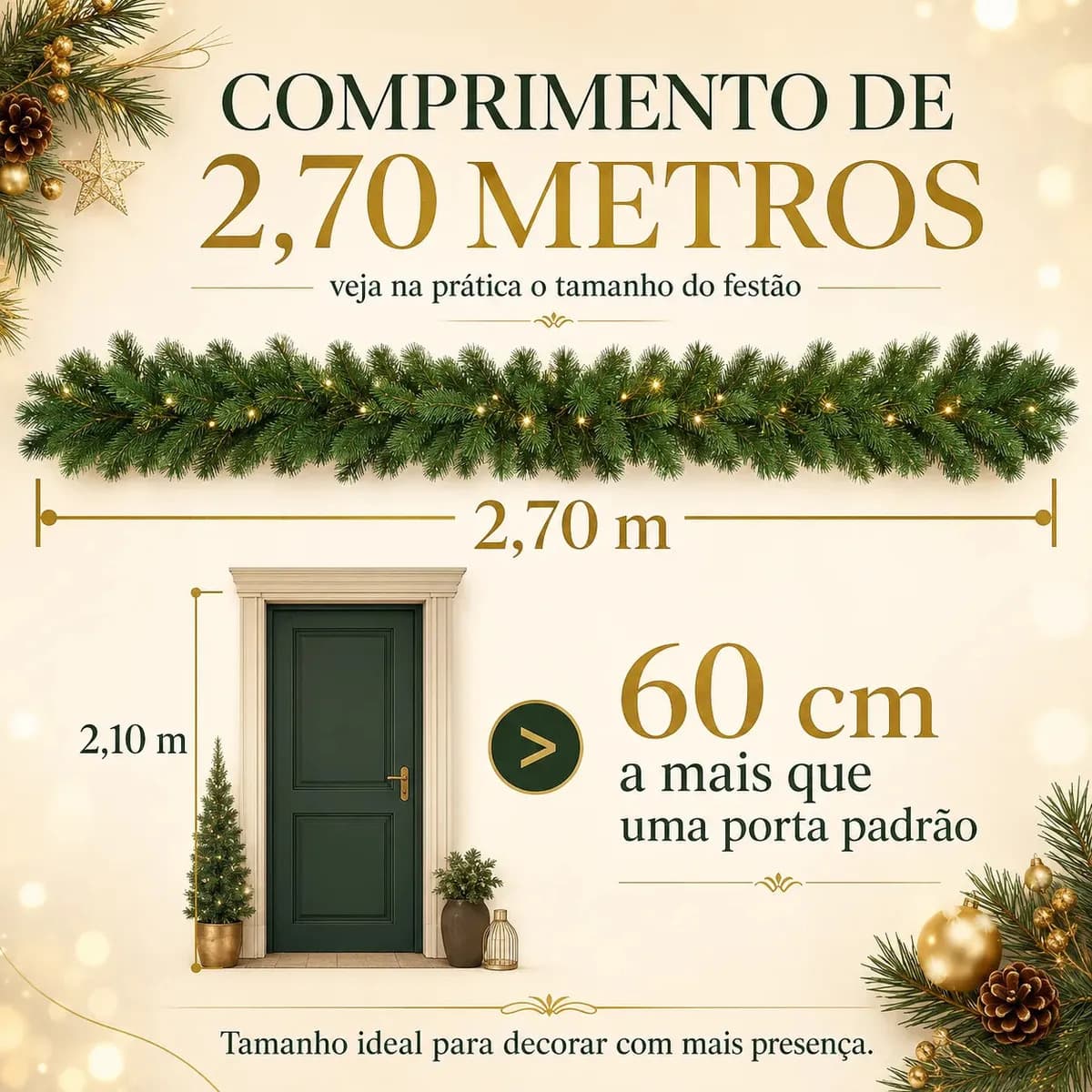 Festão Aramado Natal Grosso 2,70 Metros C/ 300 Galhos Cheios Flexível Decoração - Dekasa — imagem 6