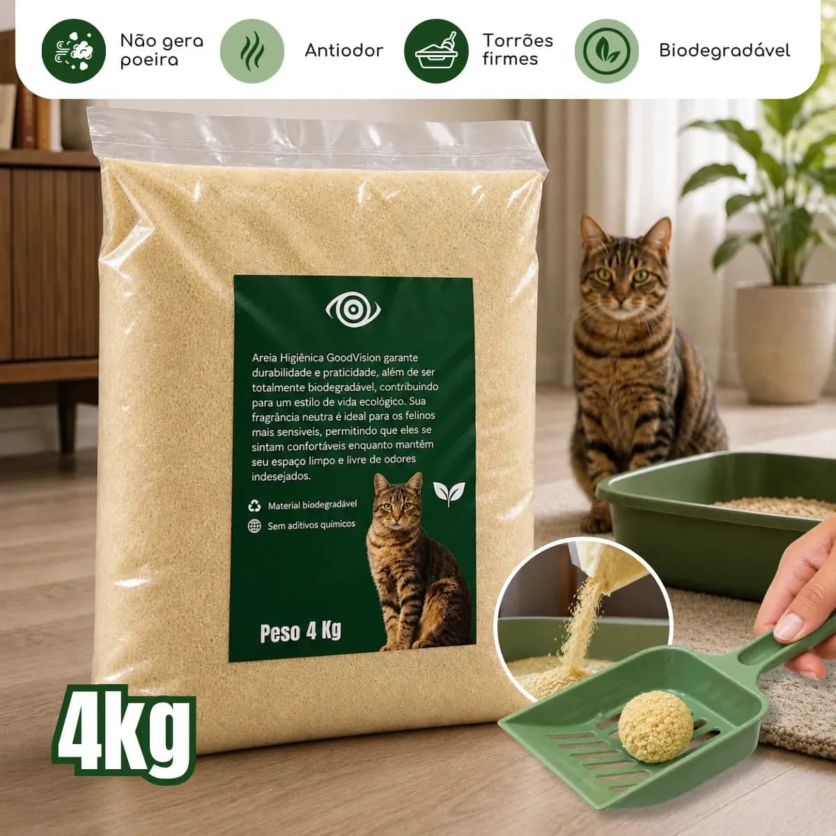 Areia Higiênica Para Gatos Feita de Mandioca e Milho Biodegradável Alta Absorção Baixo Odor 4kg - GoodVision