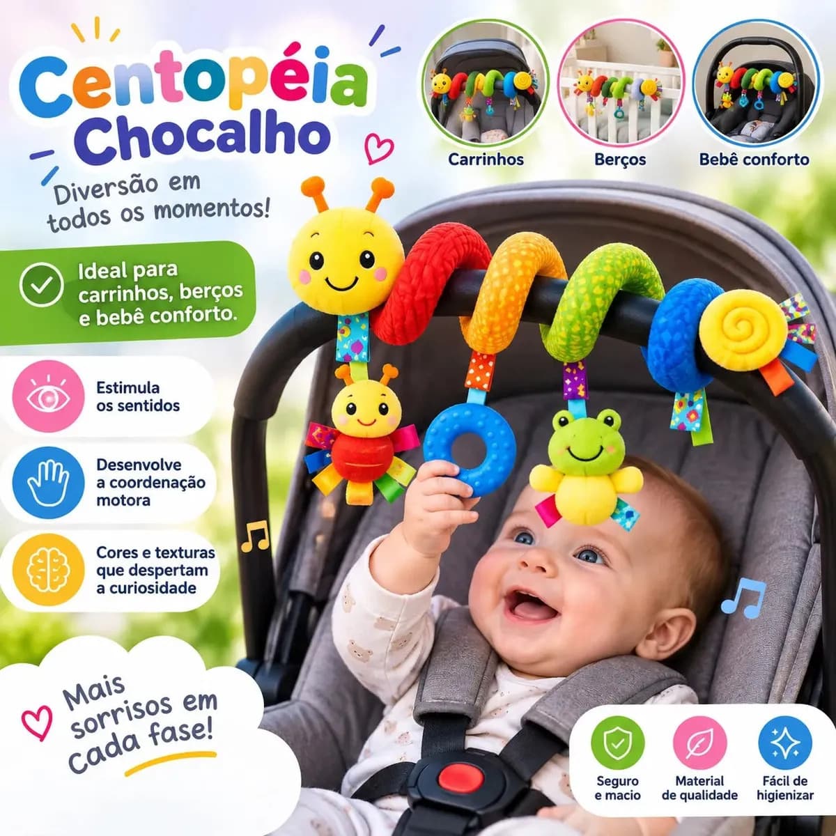 Centopéia Espiral Bichinho Pelúcia Brinquedo Carrinho Berço Bebê Conforto com Chocalho de Pendurar Sensorial Montessori Desenvolvimento Coordenação MLTM ECOM — imagem 6