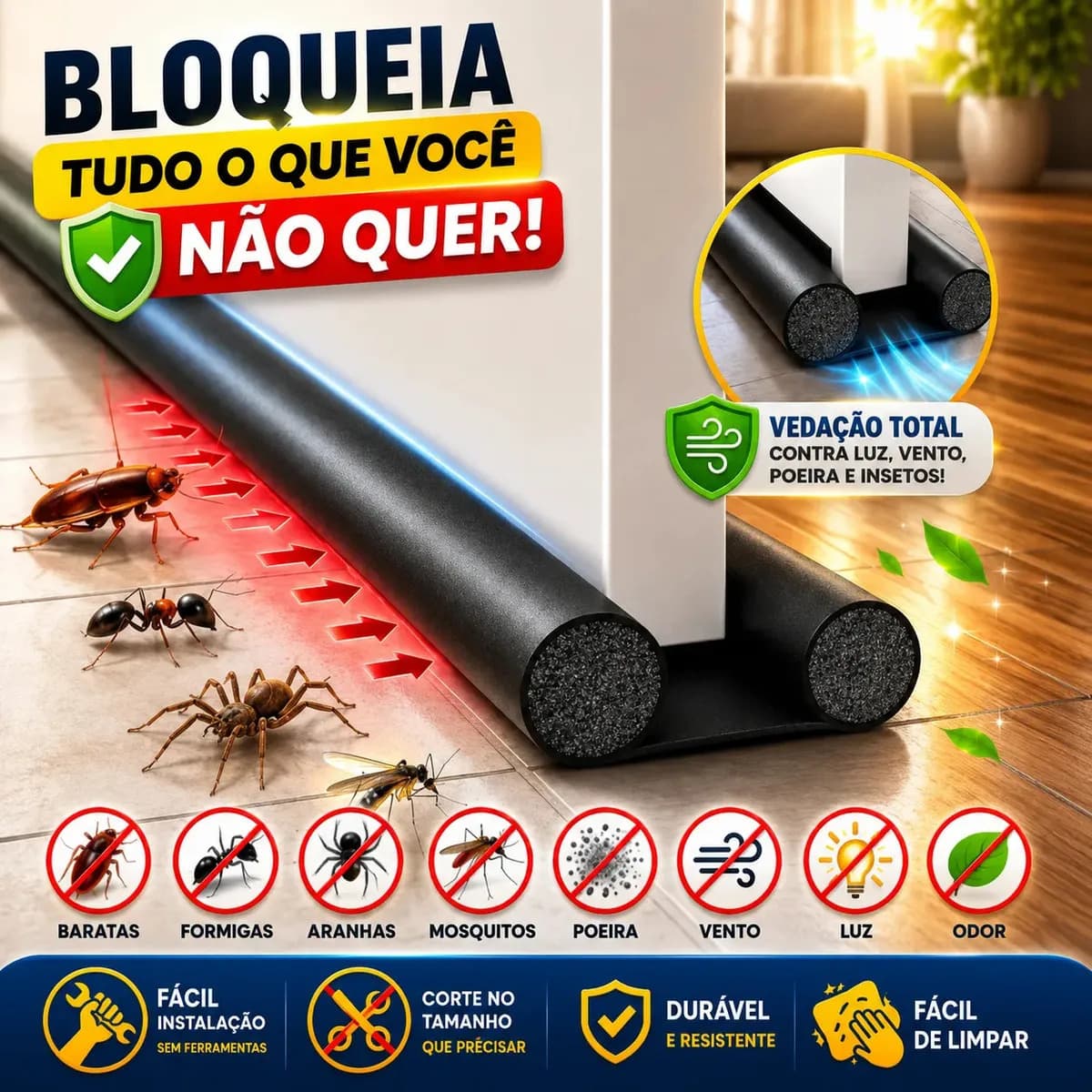 Protetor Rolinho Rolo Veda Porta Ajustável 90cm Impermeável Liso Preto — imagem 2
