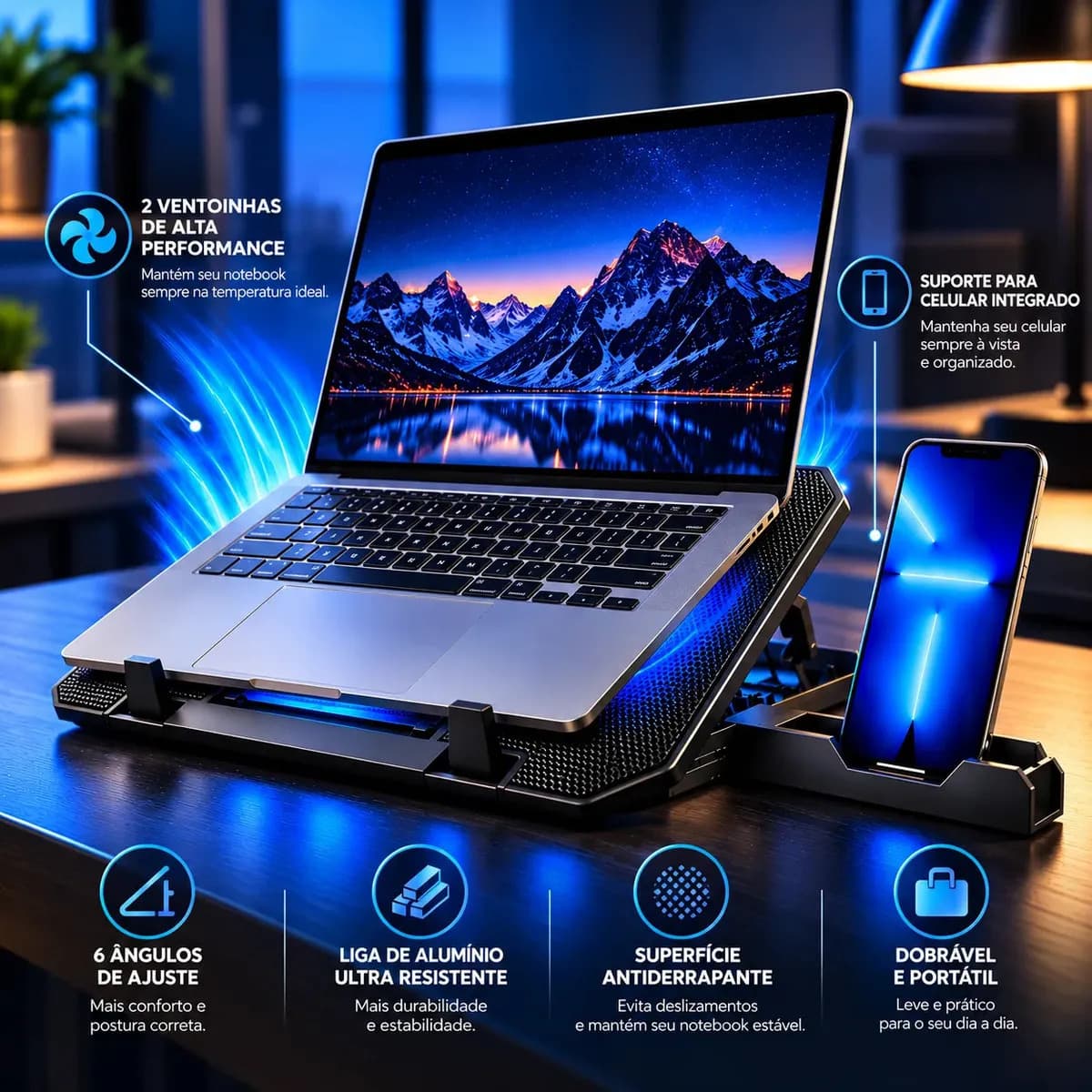 Base Suporte Para Pc Notebook Alumínio Portátil Articulado Dobrável Tablet Laptop Mesa Davely Cor Preto Com Ventoinhas E Suporte Para Celular Refrigerada 2 Cool — imagem 3