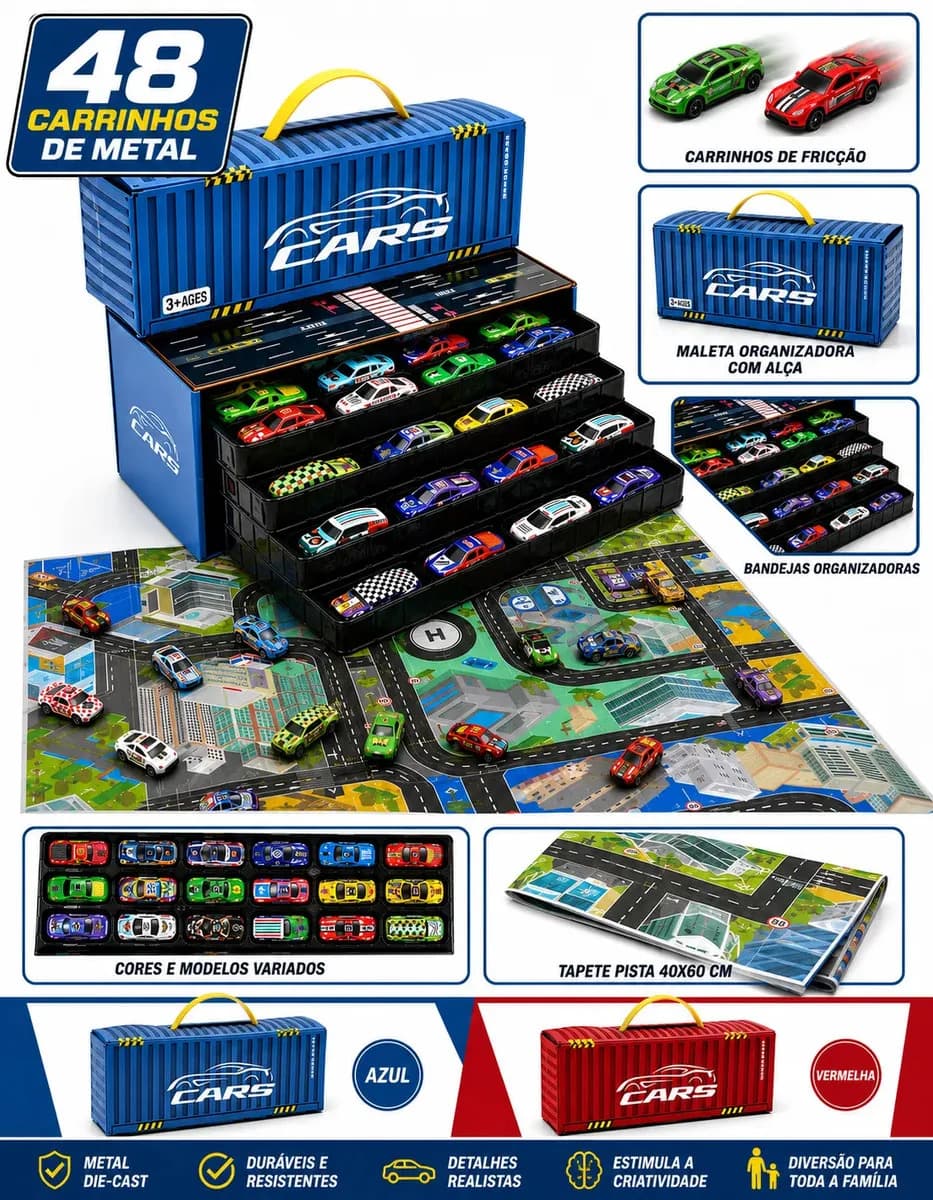 Maleta 48 Carrinhos + Tapete Pista 40x60 Estacionamento Brinquedo Infantil Presente Criança - Super Brasileirinho — imagem 2
