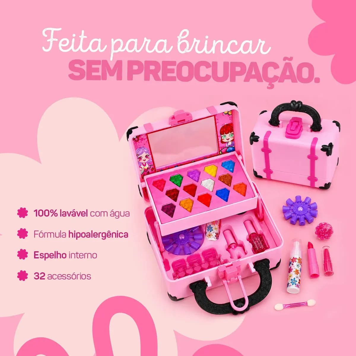 Kit Maquiagem Infantil Meninas Brinquedo Boneca Criança Maleta Antialergica Lavavel Mochila Espelho Rosa Hipoalergenica Presente Seguro Estojo Salao De Beleza T — imagem 3