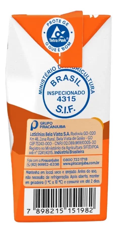 Creme de Leite UHT Homogeneizado Zero Lactose Caixa 200g Piracanjuba — imagem 2
