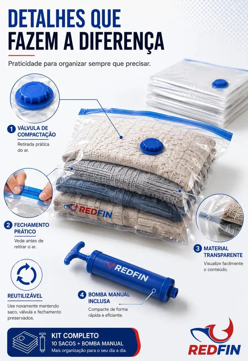 Kit Com 10 Sacos a Vácuo 50x60 cm Com Bomba Para Viagem e Organização — imagem 3
