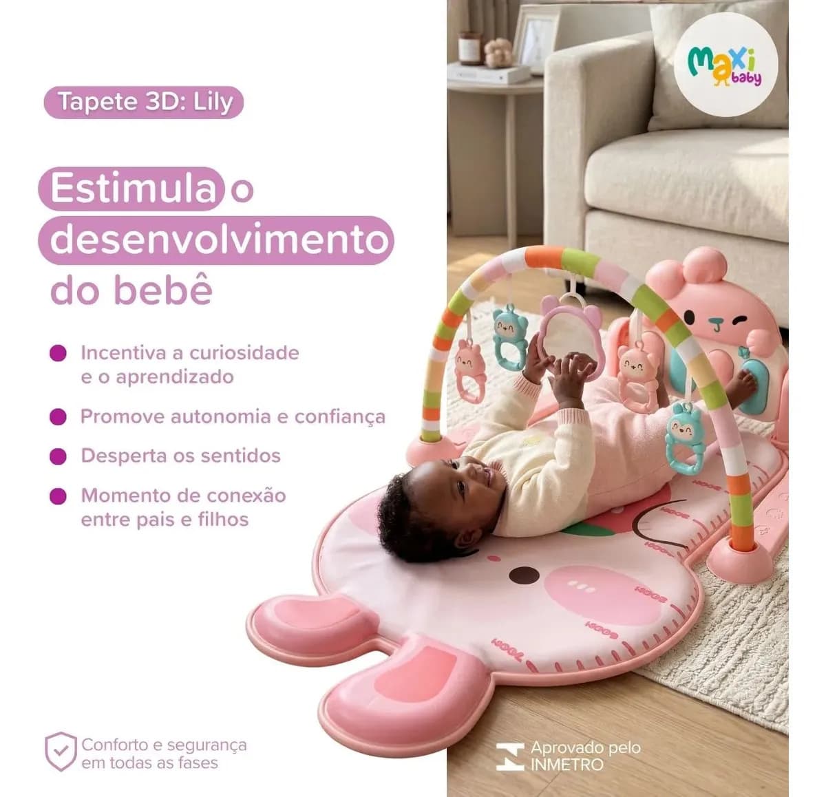 Tapete De Atividade Bebê 3D Ginásio Piano Musical Arco 5 Brinquedos Interativo Maxi Baby - ROSA — imagem 2