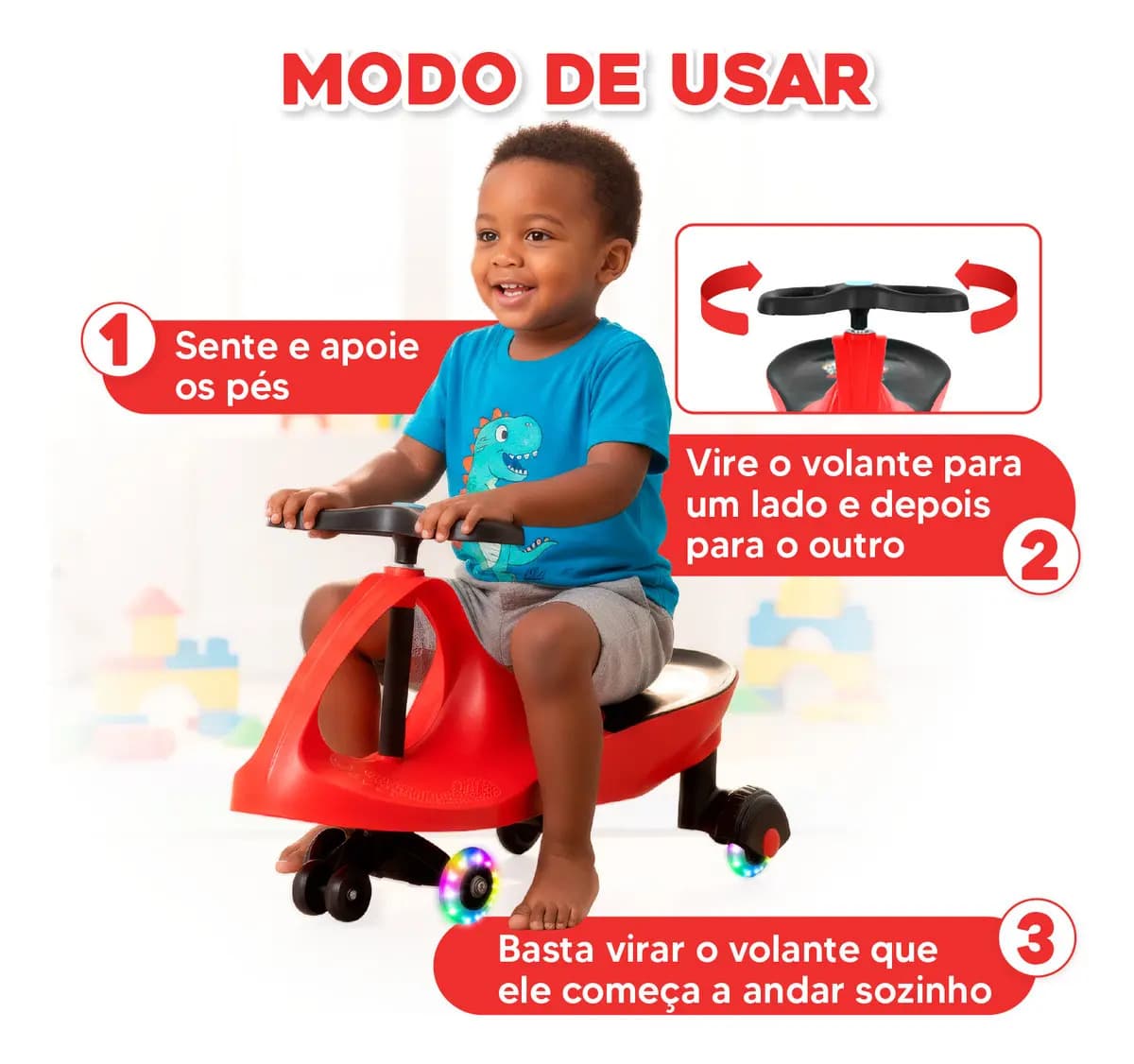 Carrinho Rolimã Car Drift Infantil Volante Gira 360° Triciclo Com Roda Led Colorido Cor Vermelho Justfun Brinquedos — imagem 3