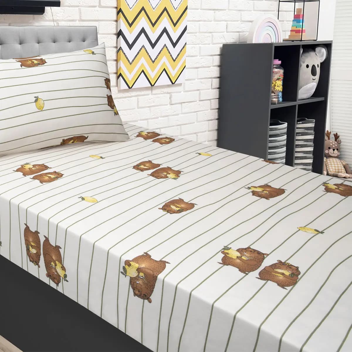 Jogo De Lençol Infantil Solteiro Capivara Bege Roupa De Cama Em Malha Com Elástico 2 Peças - 70% Algodão 30% Poliéster Dblun Decorações — imagem 6
