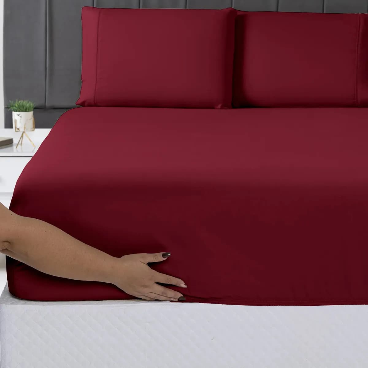 Jogo Lençol Casal 3pç 400 Fios Hipercal Conforto Macio Cor Bordô Desenho do tecido Liso — imagem 6