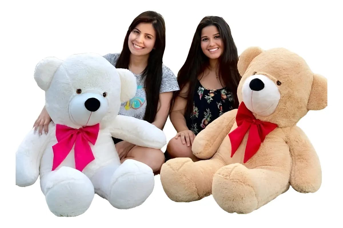 Urso De Pelúcia Gigante Teddy 90cm Grande - Laço Azul Cor Baunilha Laço Azul — imagem 5