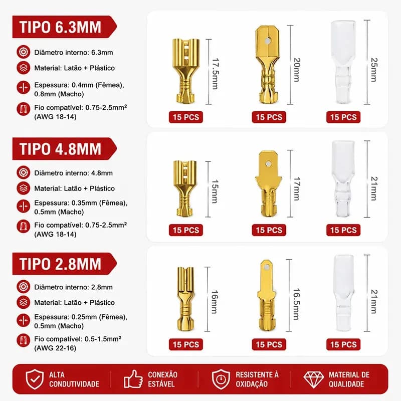 Kit 135 Terminal Faston Conector Elétrico com Capa Isolante Dourado Conectores para Fios Automotivo Moto Eletrônica — imagem 3