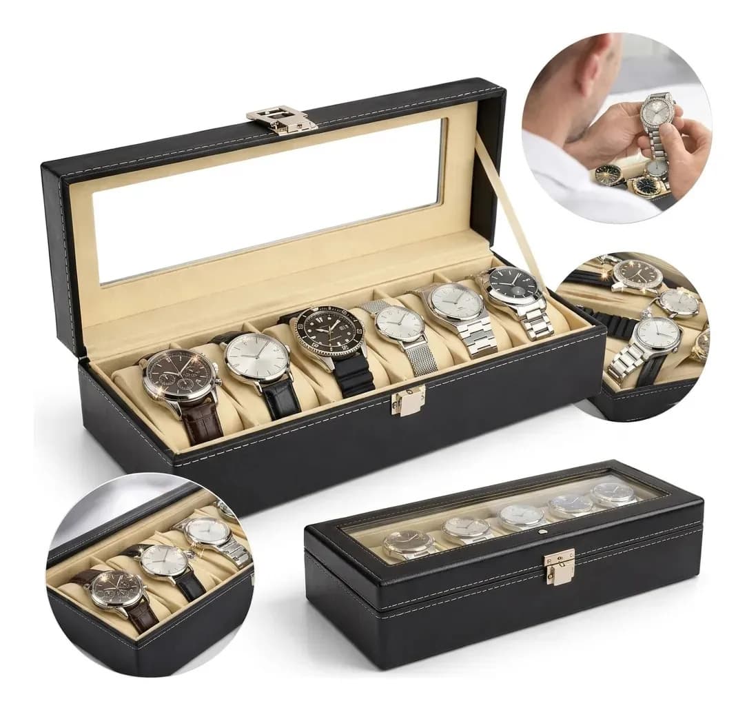 Caixa Maleta Estojo Porta Relógios Couro Masculino Feminino Colecionador Organizador 6 Lugares Nichos Veludo Luxo Top Cor Preto Marca Topyhome