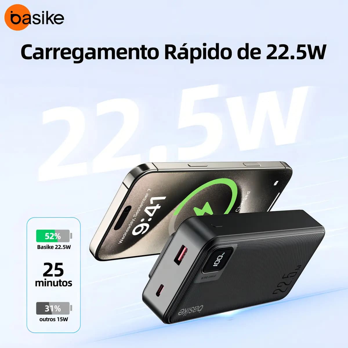 Power Bank Basike 20000mAh Preto, Carga Rápida 22.5W para iPhone e Samsung, Com Cabos Embutidos e Display — imagem 2