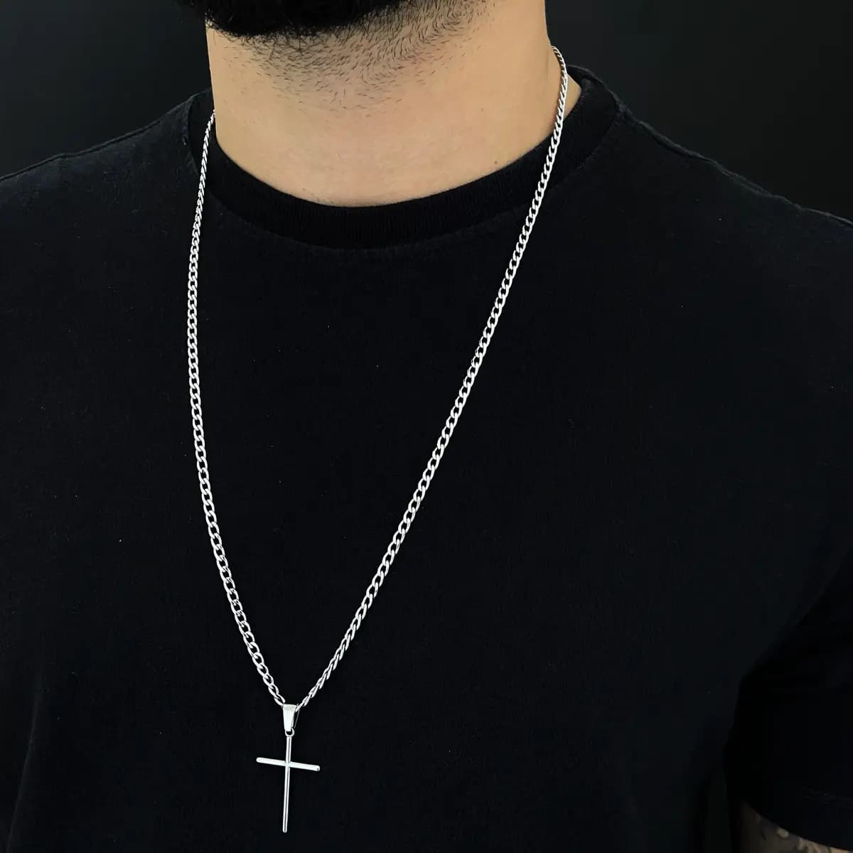 Corrente Cordão Masculino Grumet Aço Inox Cruz Crucifixo Colar Correntinha Masculina Para Presente Cor Prata Prateado 70cm — imagem 3