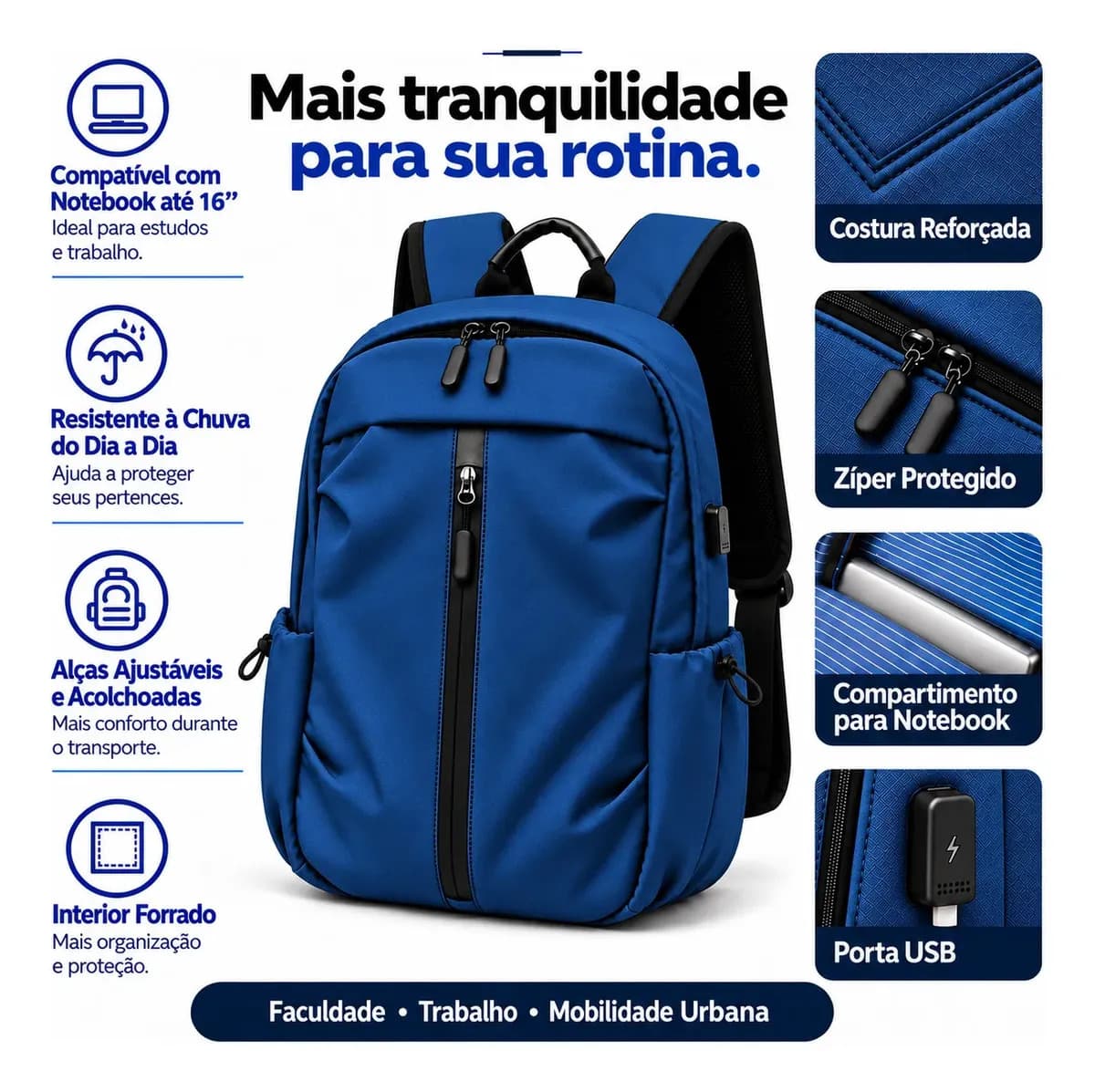 Mochila Masculina 20L Notebook 16 USB Escolar Faculdade Impermeável com Alça Reforçada — imagem 4