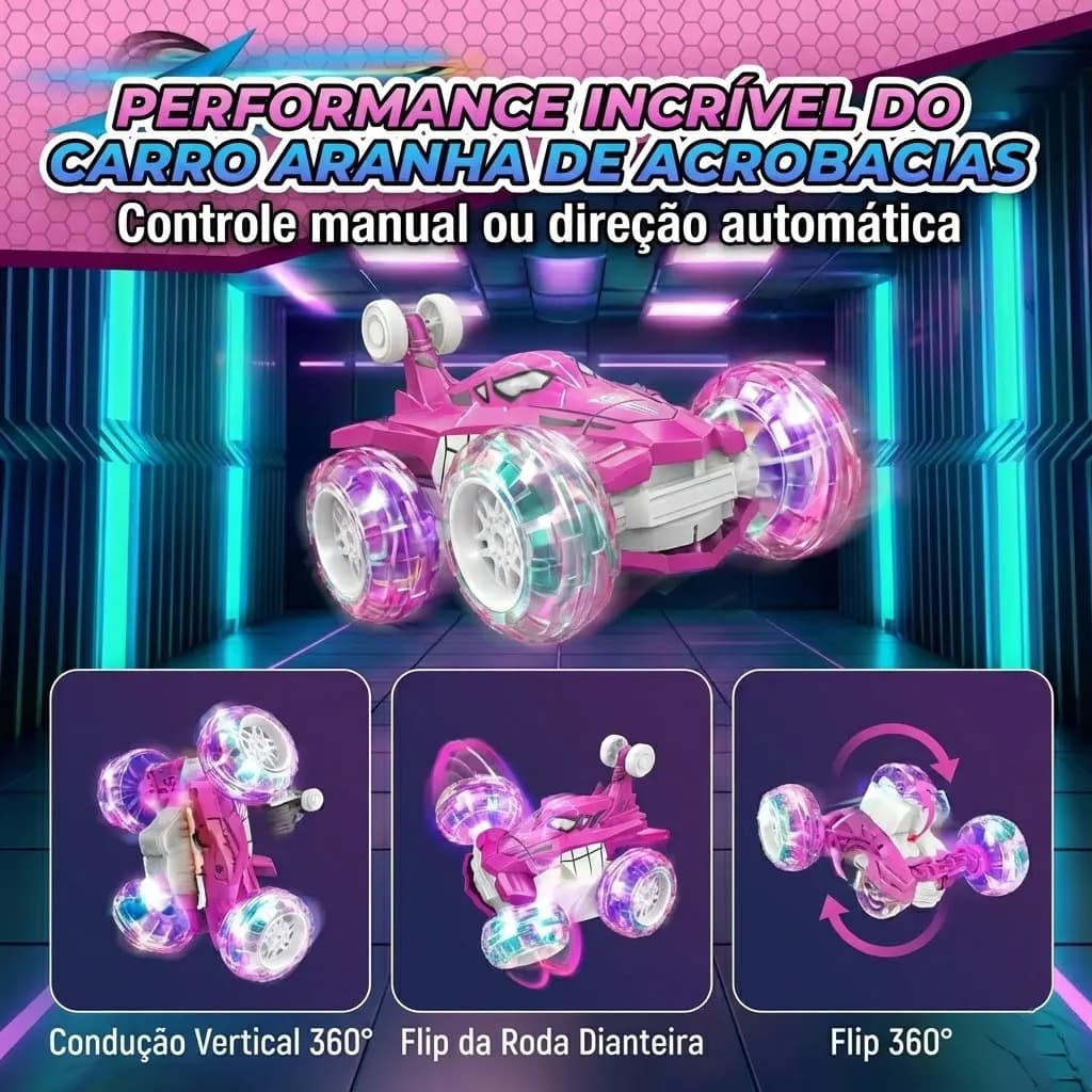 Carrinho Recarregável Controle Remoto Acrobata Gira 360 Graus Aranha Spider Rosa Pink Com Luzes Color Efeitos Especiai Colorido Brinquedo Encantado Infantil Men — imagem 6